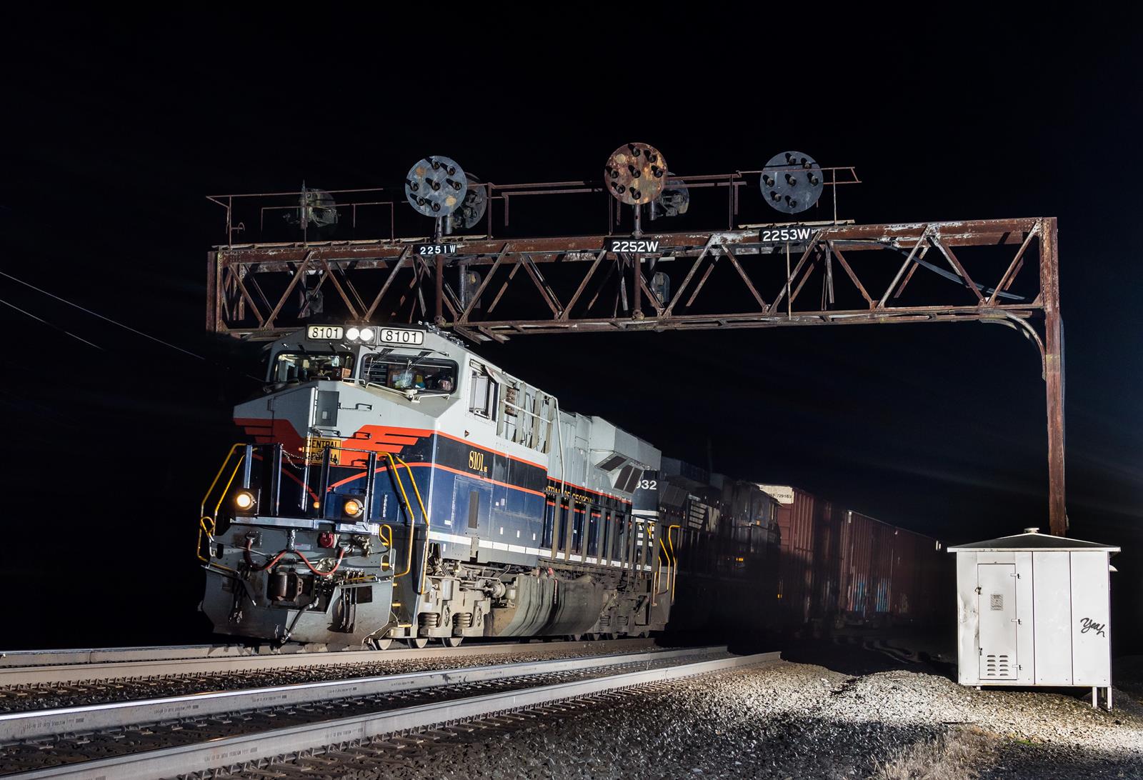 The CofG heritage unit passes under the Pennsylvania Railroad signal bridge just outside of Altoona.