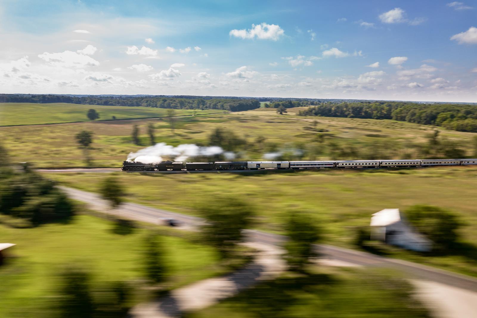 Nickel Plate 765 leads the Tri-State Scenic Steam Excursion from Edon, Ohio to Hillsdale, Michigan via Northeast Indiana. This 2-8-4 Berkshire was built by the Lima locomotive works in 1944 and is currently owned by the Fort Wayne Railroad Historical Society. The excursions operated over the Indiana Northeastern Railroad. This photograph was taken with a drone.