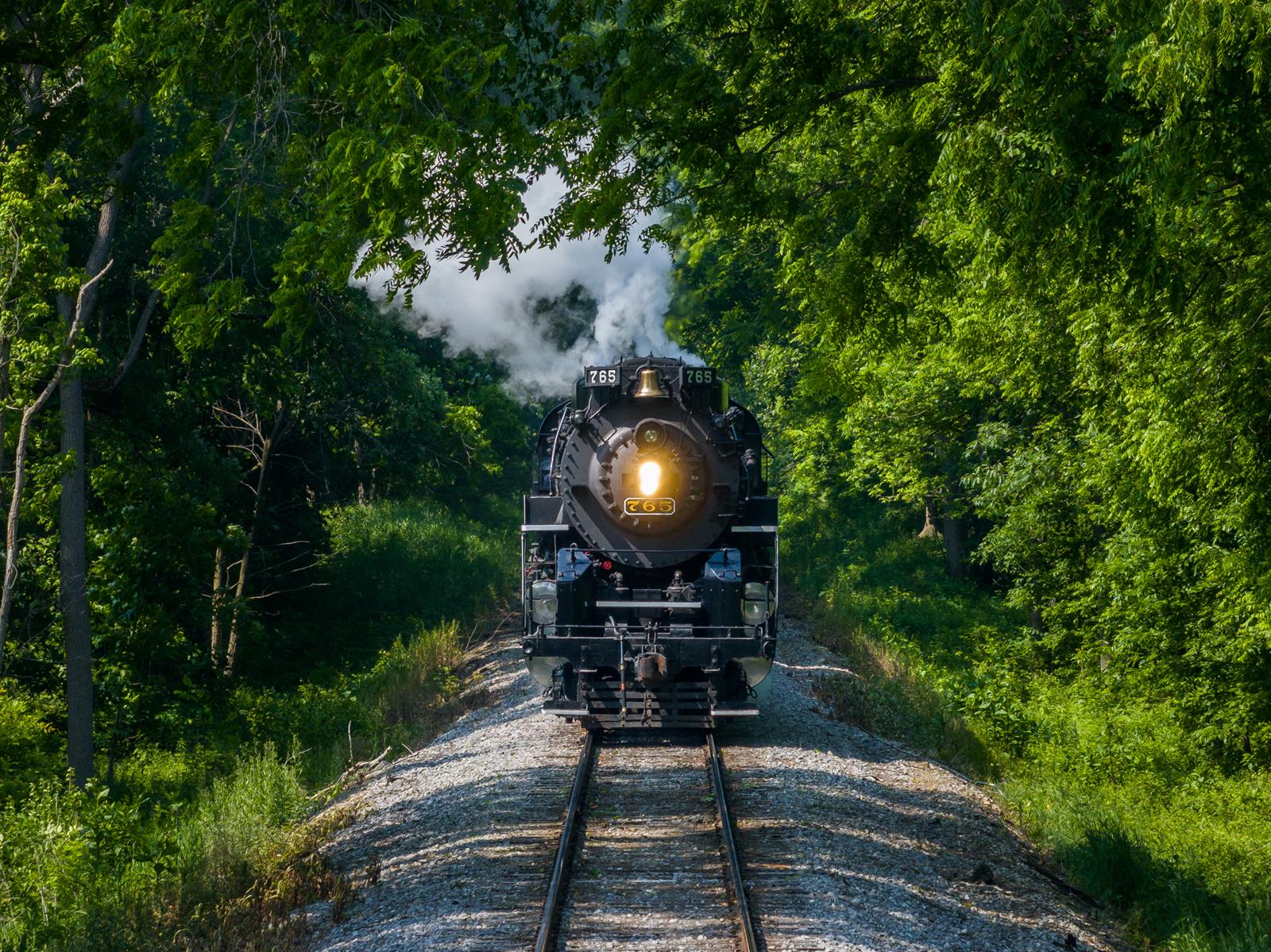 Operating on Indiana Northeastern, the Fort Wayne Railroad Historical Society operated NKP 765, a 2-8-4 Berkshire, on 6/17 and 6/18. For the 2023 season, 765 is painted without the white-walled tires.